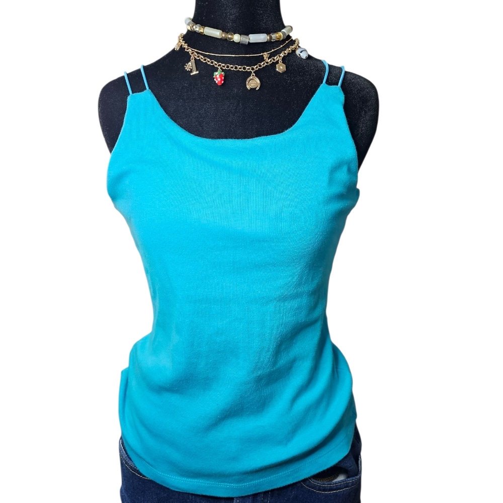 Susan Lawrence Small Teal Square Neck Cotton Blend Cami Tank Top